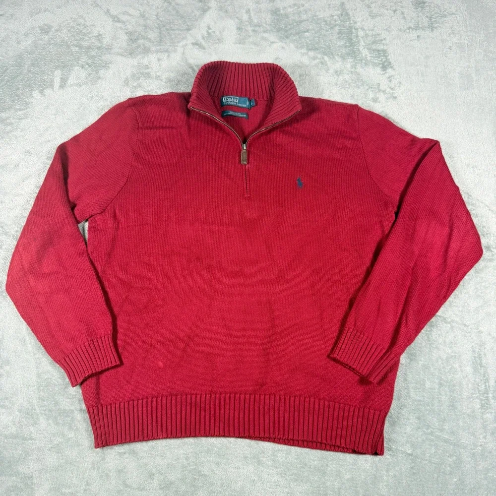 Vintage Polo Ralph Lauren Mens L Quarter Zip Sweater Red Cotton Knit Mock Neck